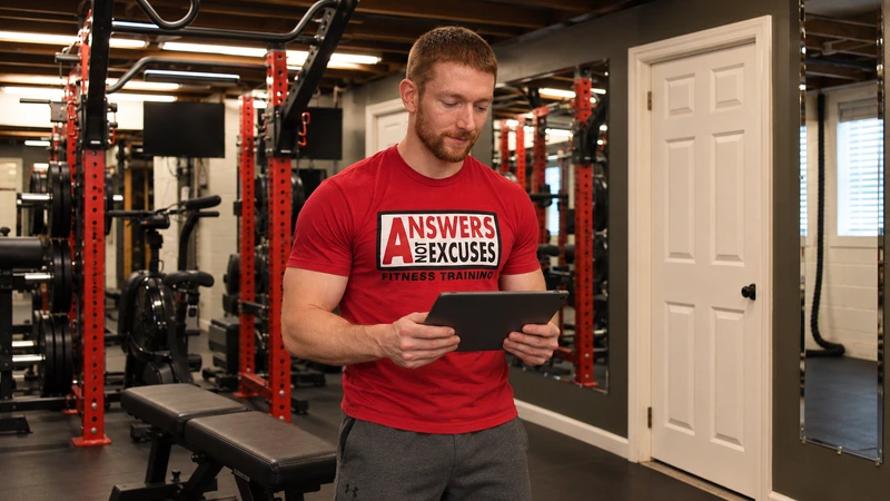 Bennett checks a workout on a tablet in his gym