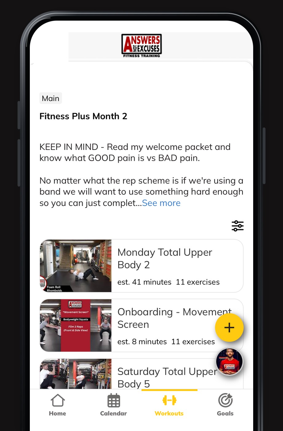 Answers Not Excuses workout program, exercise cards, and navigation displayed on a modern phone