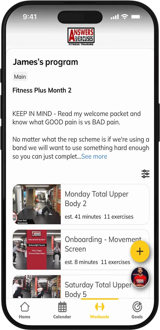Answers Not Excuses app showing a client’s scheduled workouts and exercise demonstrations